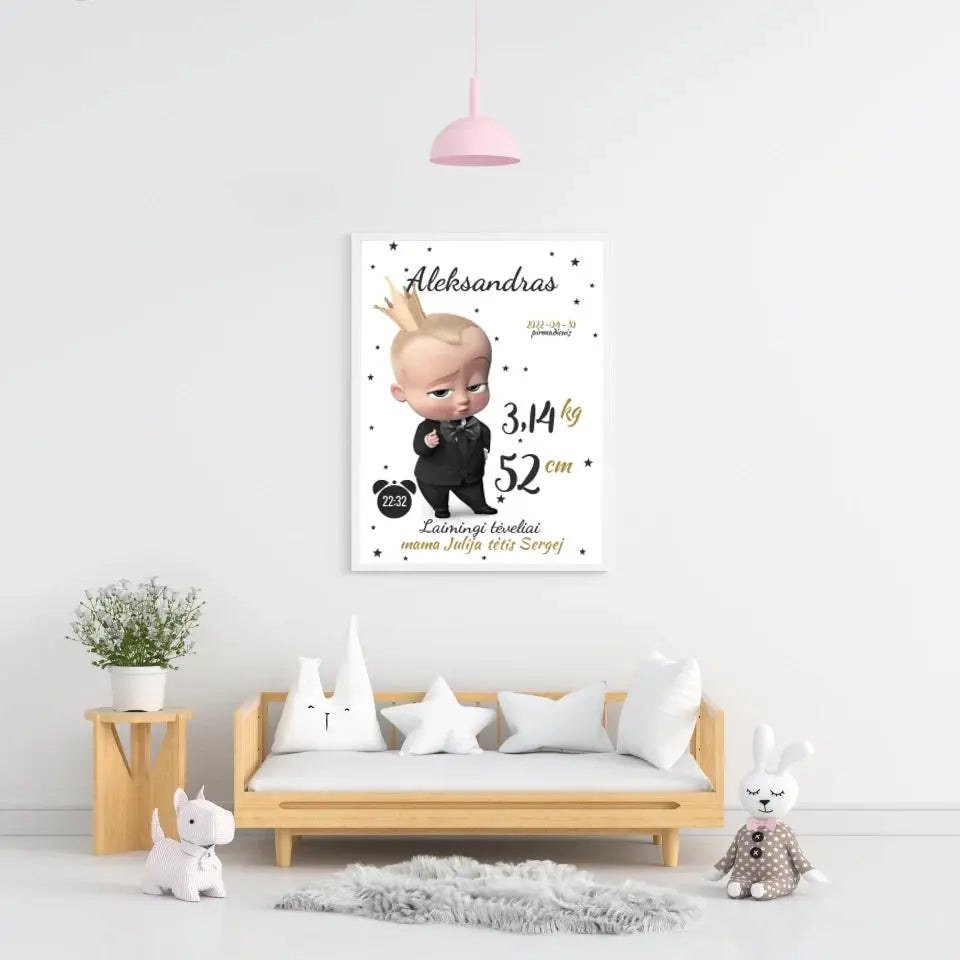 Personalizuota Berniuko Gimimo Metrikų Iliustracija, plakatas su rėmeliu Customizer - dovanokis.lt
