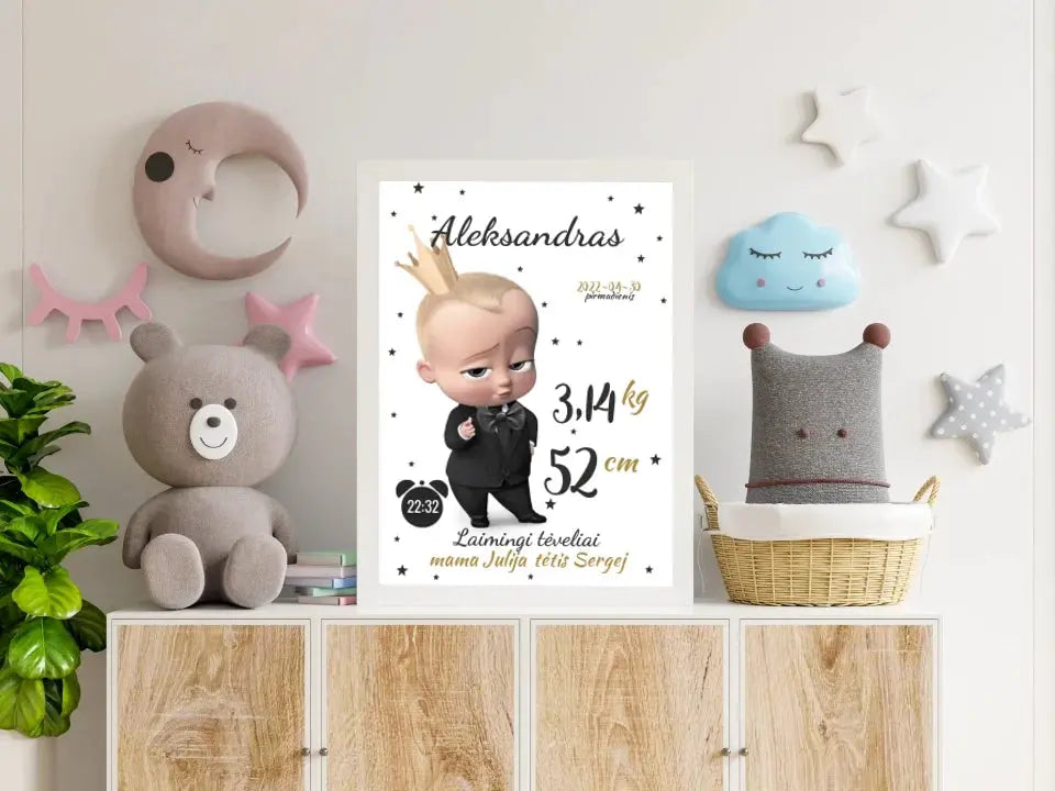 Personalizuota Berniuko Gimimo Metrikų Iliustracija, plakatas su rėmeliu Customizer - dovanokis.lt