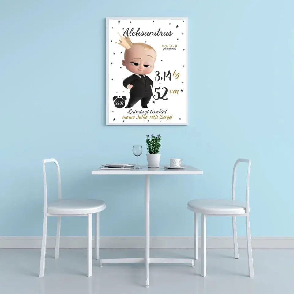 Personalizuota Berniuko Gimimo Metrikų Iliustracija, plakatas su rėmeliu Customizer - dovanokis.lt