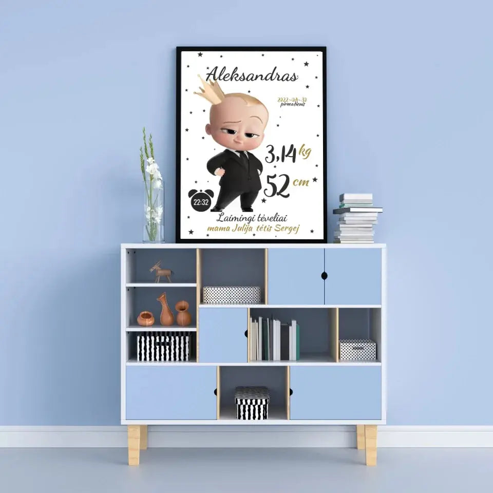 Personalizuota Berniuko Gimimo Metrikų Iliustracija, plakatas su rėmeliu Customizer - dovanokis.lt
