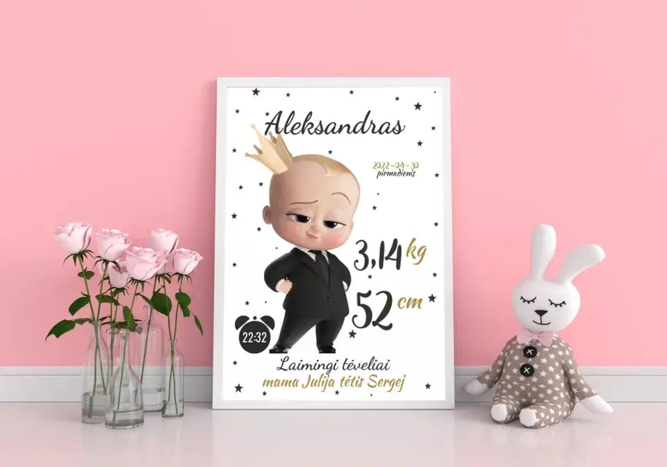 Personalizuota Berniuko Gimimo Metrikų Iliustracija, plakatas su rėmeliu Customizer - dovanokis.lt
