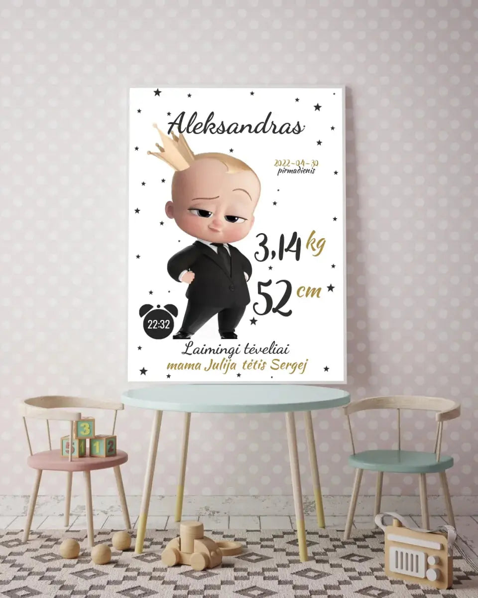Personalizuota Berniuko Gimimo Metrikų Iliustracija, plakatas su rėmeliu Customizer - dovanokis.lt