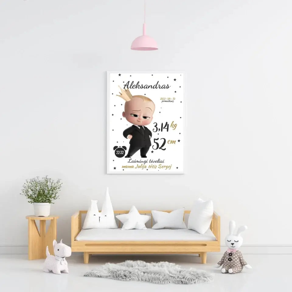 Personalizuota Berniuko Gimimo Metrikų Iliustracija, plakatas su rėmeliu Customizer - dovanokis.lt