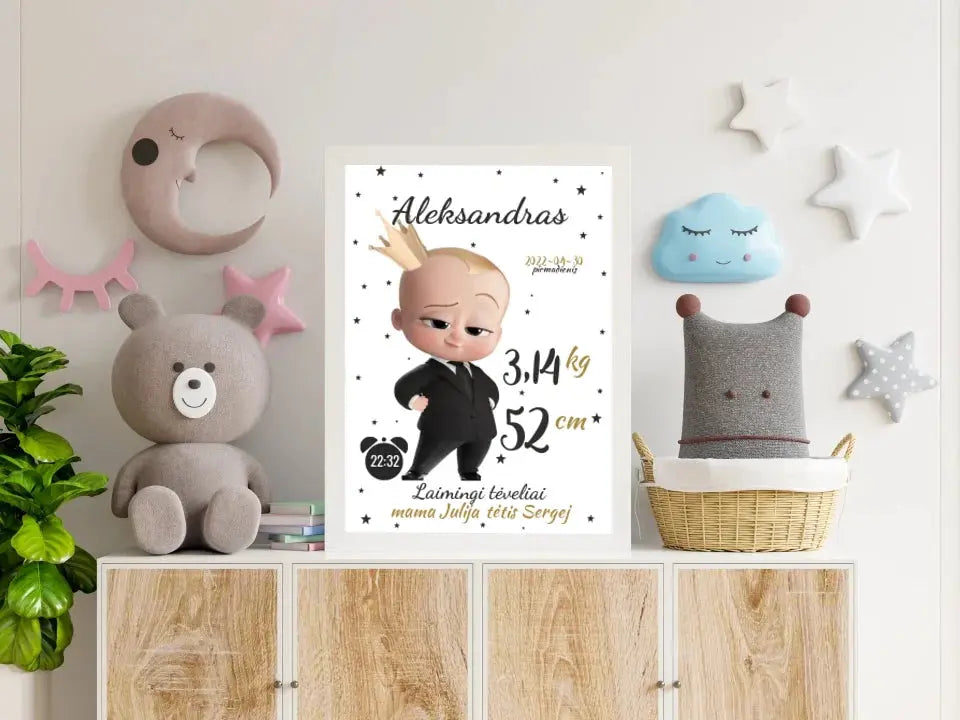 Personalizuota Berniuko Gimimo Metrikų Iliustracija, plakatas su rėmeliu Customizer - dovanokis.lt