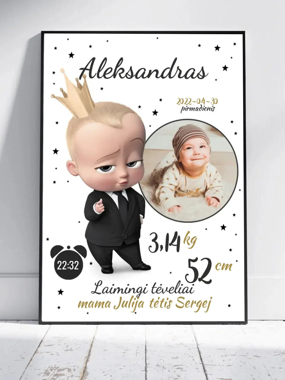 Personalizuota Berniuko Gimimo Metrikų Iliustracija, plakatas su rėmeliu Customizer - dovanokis.lt