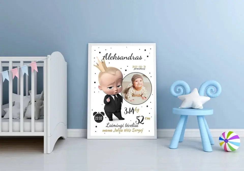 Personalizuota Berniuko Gimimo Metrikų Iliustracija, plakatas su rėmeliu Customizer - dovanokis.lt