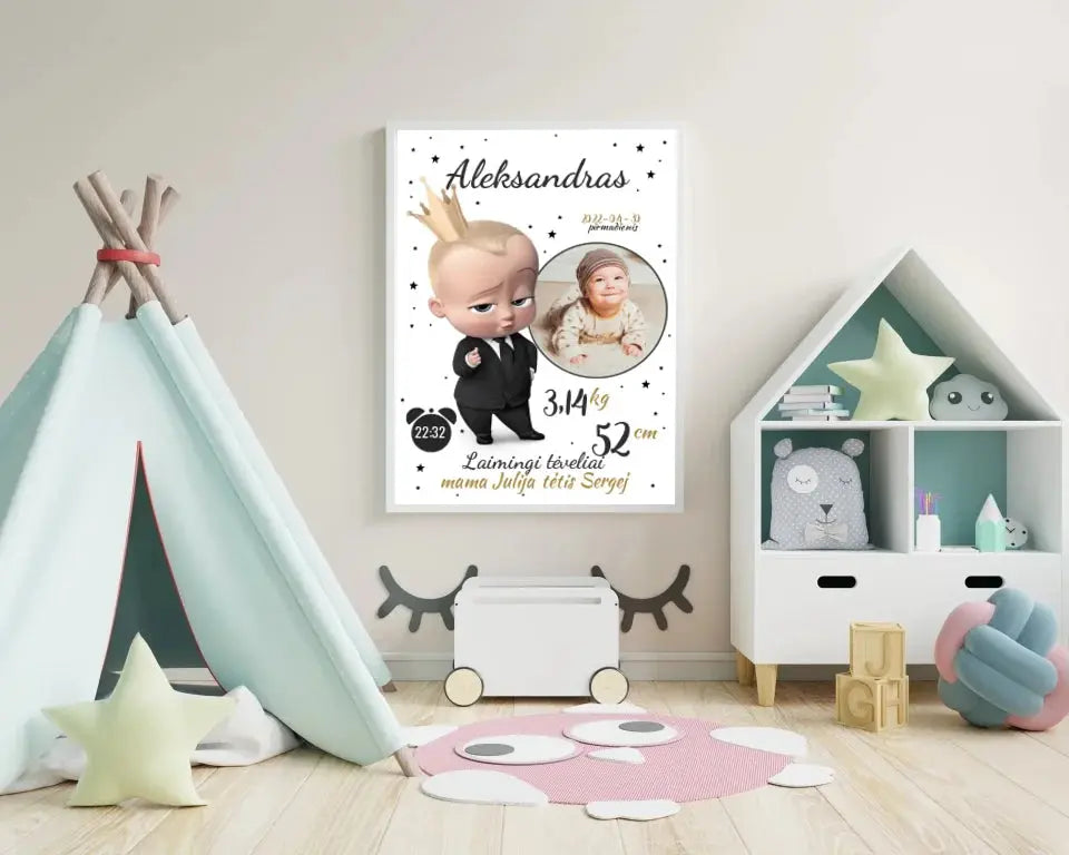 Personalizuota Berniuko Gimimo Metrikų Iliustracija, plakatas su rėmeliu Customizer - dovanokis.lt