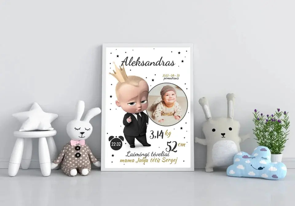 Personalizuota Berniuko Gimimo Metrikų Iliustracija, plakatas su rėmeliu Customizer - dovanokis.lt