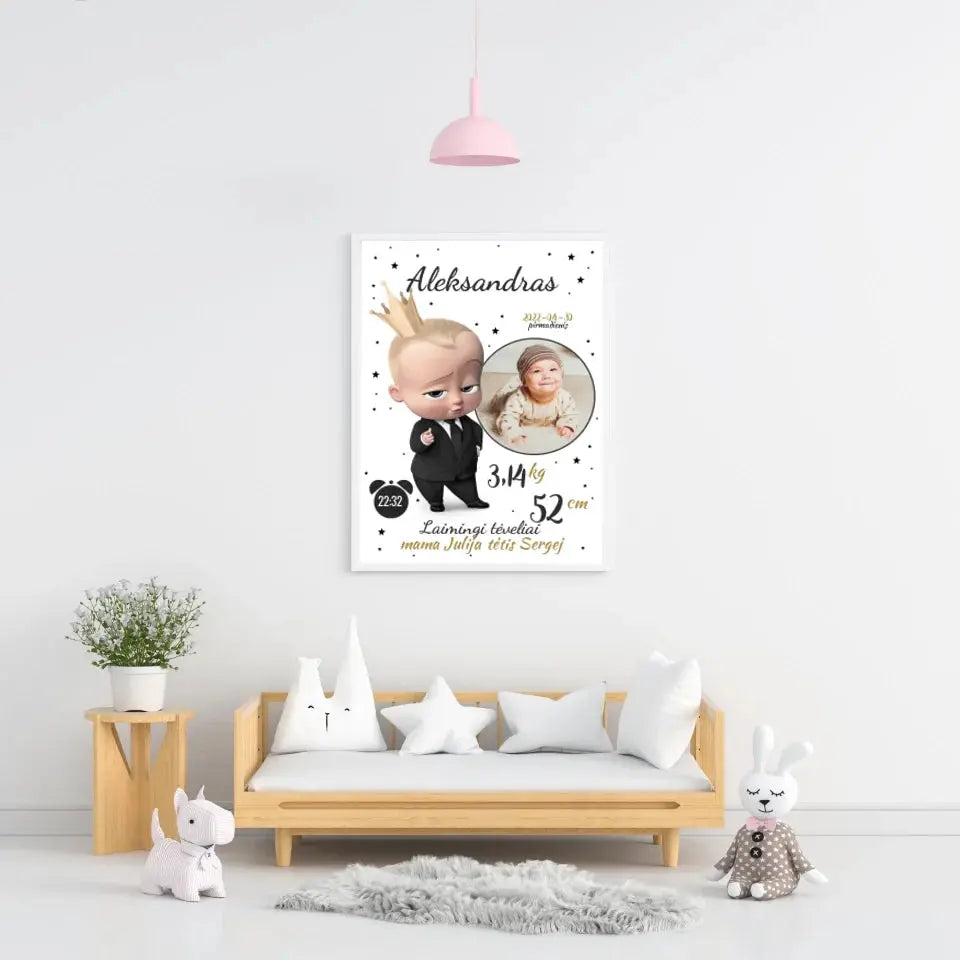 Personalizuota Berniuko Gimimo Metrikų Iliustracija, plakatas su rėmeliu Customizer - dovanokis.lt