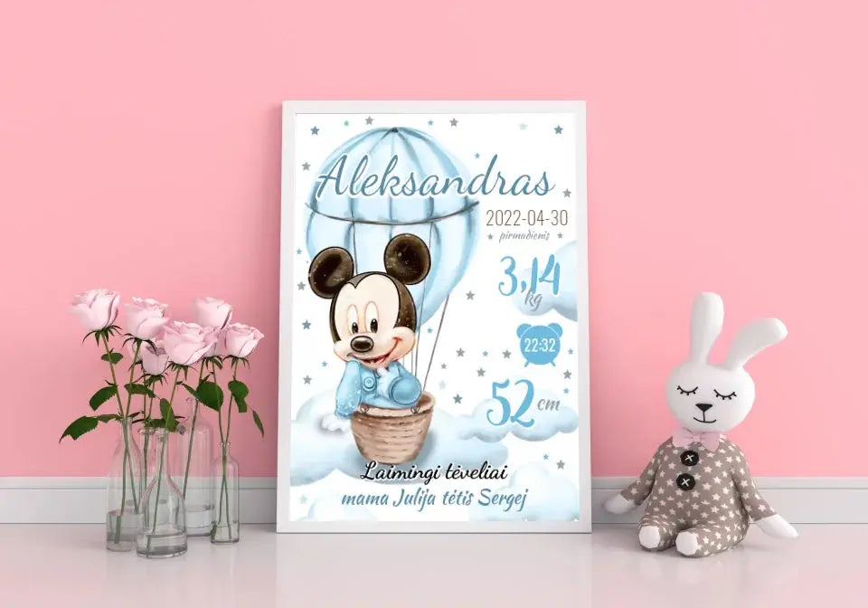 Personalizuota Berniuko Gimimo Metrikų Iliustracija, plakatas su rėmeliu Customizer - dovanokis.lt