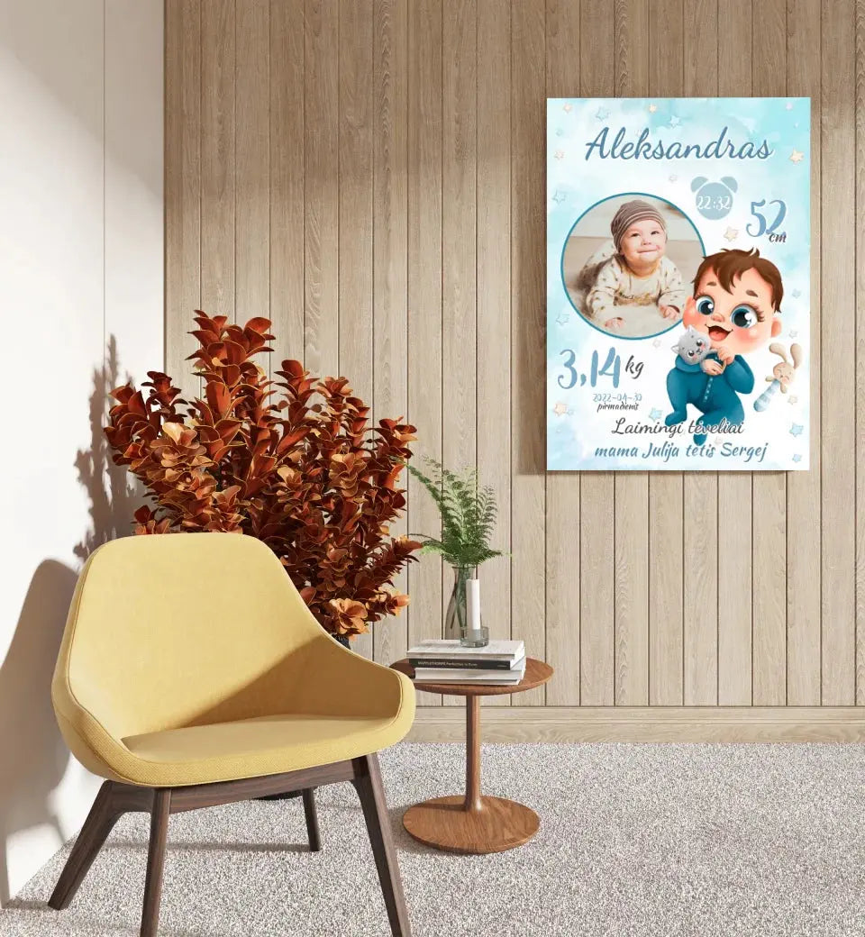Personalizuota Berniuko Gimimo Metrikų Iliustracija ant drobės Drobe - dovanokis.lt