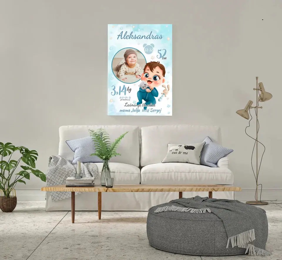 Personalizuota Berniuko Gimimo Metrikų Iliustracija ant drobės Drobe - dovanokis.lt