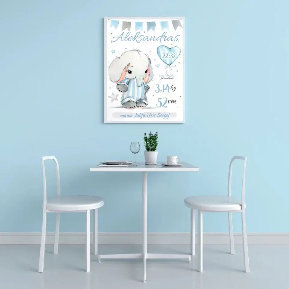 Personalizuota Berniuko Gimimo Metrikų Iliustracija, plakatas su rėmeliu Customizer - dovanokis.lt
