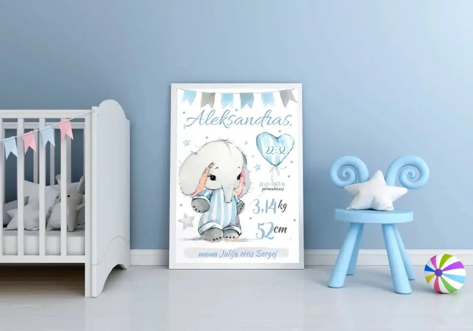 Personalizuota Berniuko Gimimo Metrikų Iliustracija, plakatas su rėmeliu Customizer - dovanokis.lt
