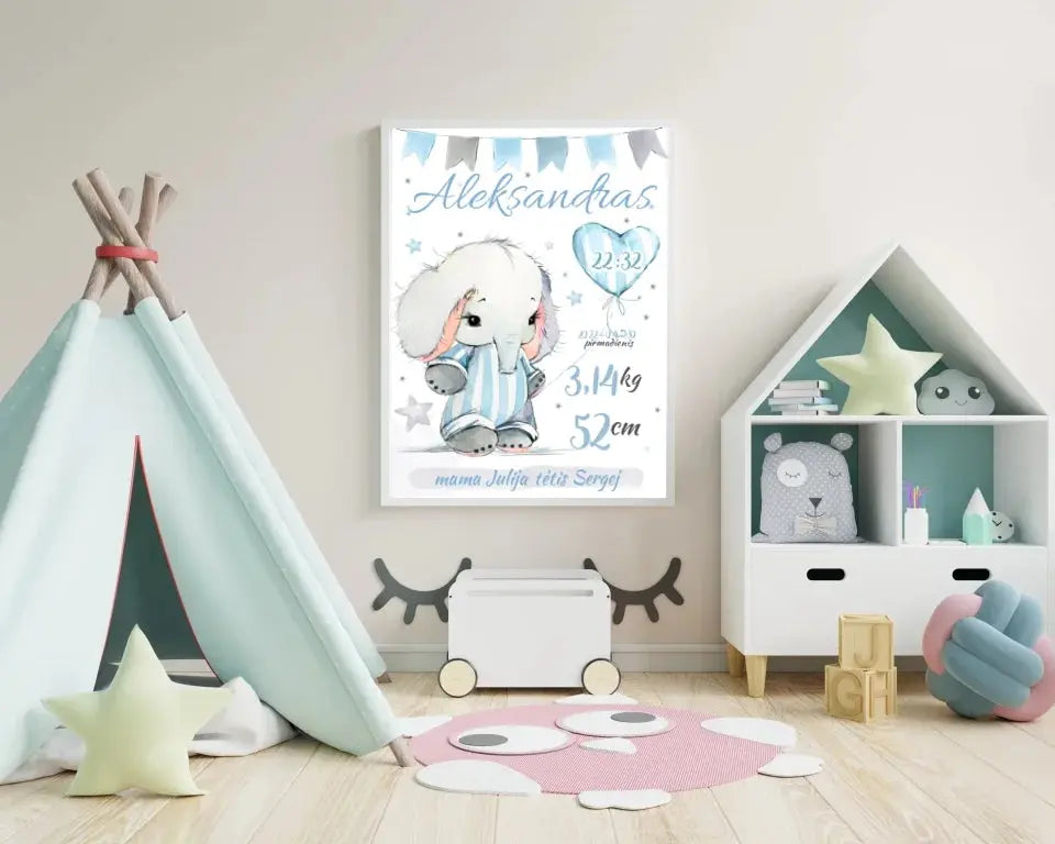Personalizuota Berniuko Gimimo Metrikų Iliustracija, plakatas su rėmeliu Customizer - dovanokis.lt
