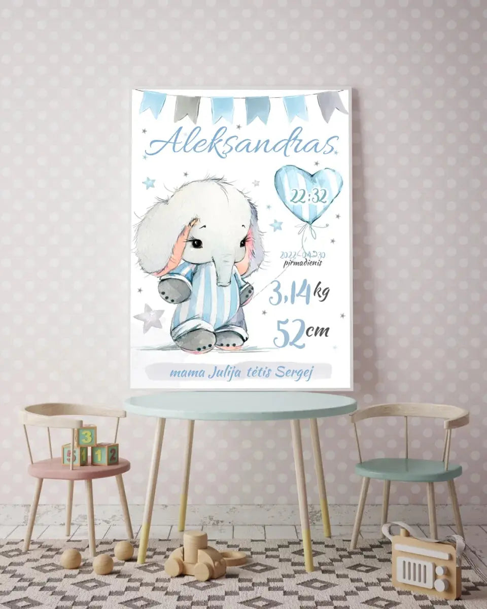 Personalizuota Berniuko Gimimo Metrikų Iliustracija, plakatas su rėmeliu Customizer - dovanokis.lt