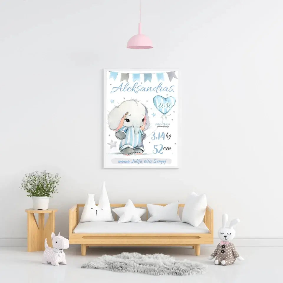 Personalizuota Berniuko Gimimo Metrikų Iliustracija, plakatas su rėmeliu Customizer - dovanokis.lt