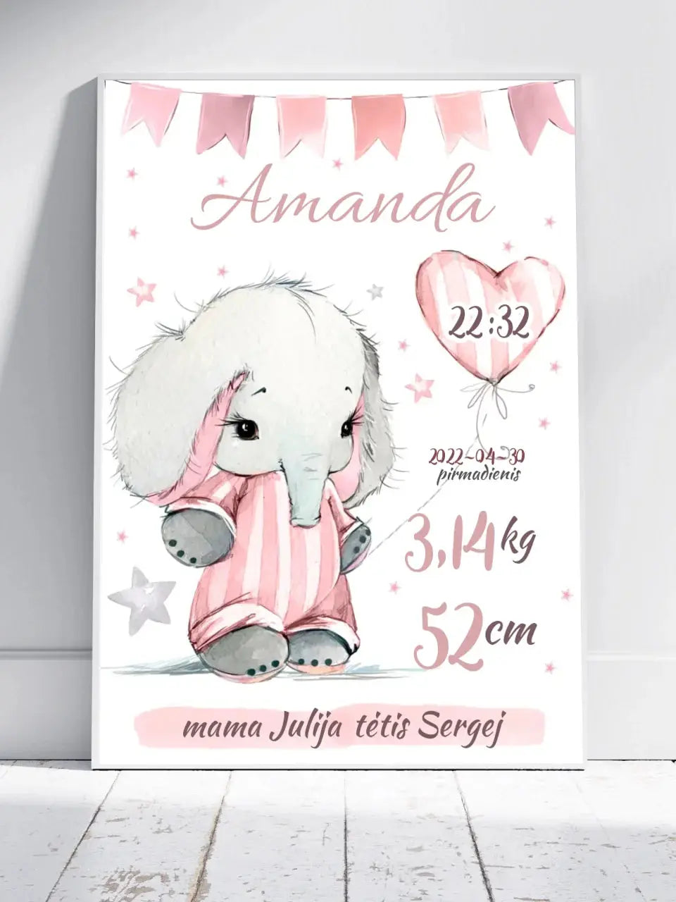 Personalizuota Mergaitės Gimimo Metrikų Iliustracija, plakatas su rėmeliu Customizer - dovanokis.lt