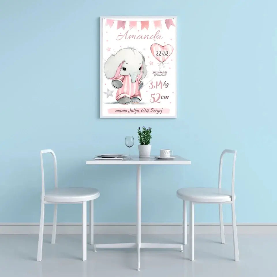 Personalizuota Mergaitės Gimimo Metrikų Iliustracija, plakatas su rėmeliu Customizer - dovanokis.lt