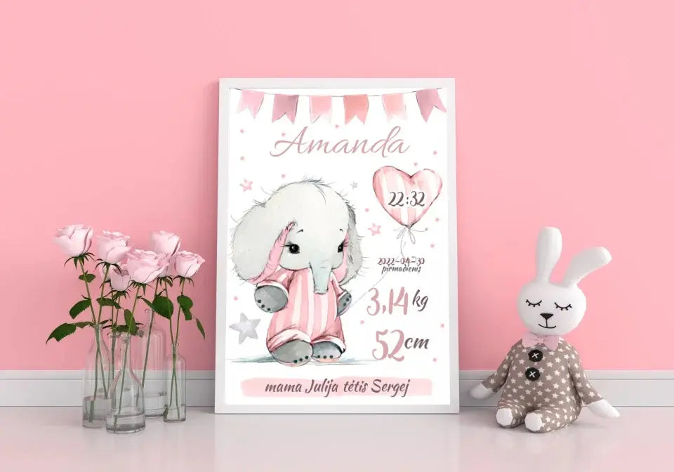 Personalizuota Mergaitės Gimimo Metrikų Iliustracija, plakatas su rėmeliu Customizer - dovanokis.lt