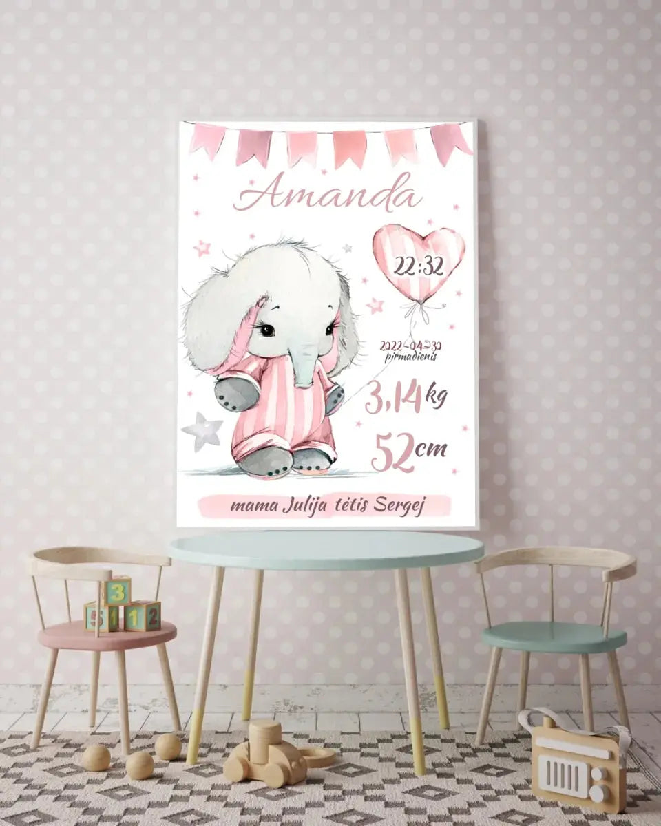 Personalizuota Mergaitės Gimimo Metrikų Iliustracija, plakatas su rėmeliu Customizer - dovanokis.lt