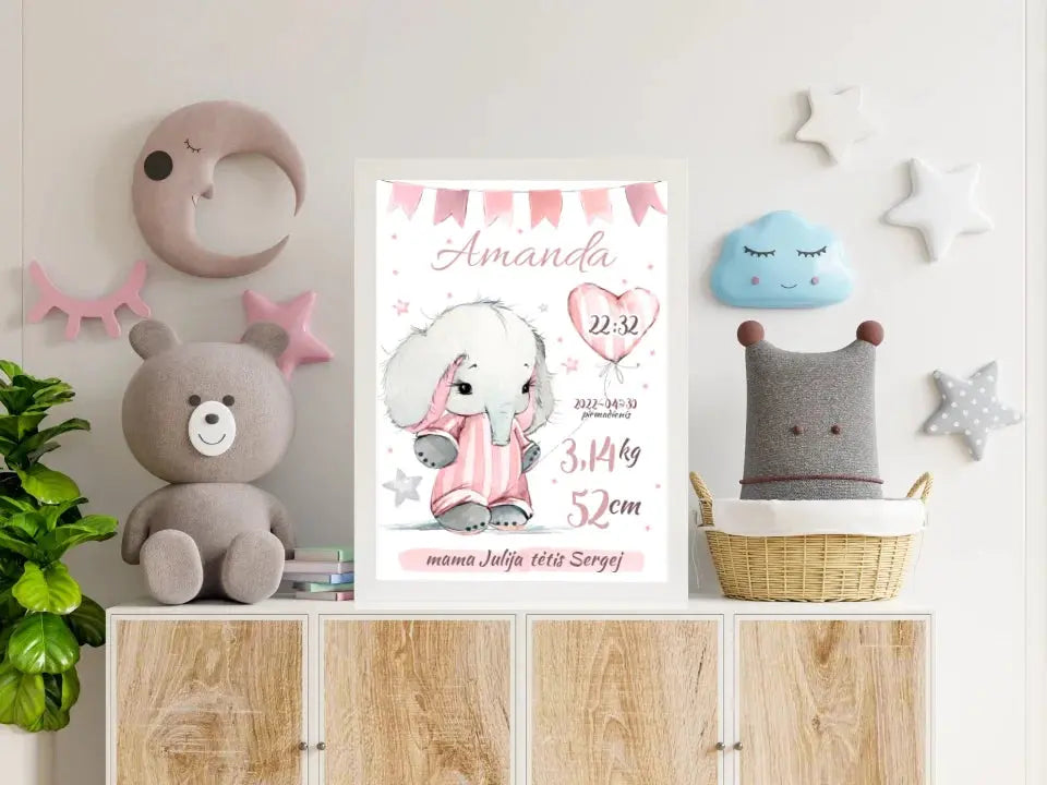 Personalizuota Mergaitės Gimimo Metrikų Iliustracija, plakatas su rėmeliu Customizer - dovanokis.lt