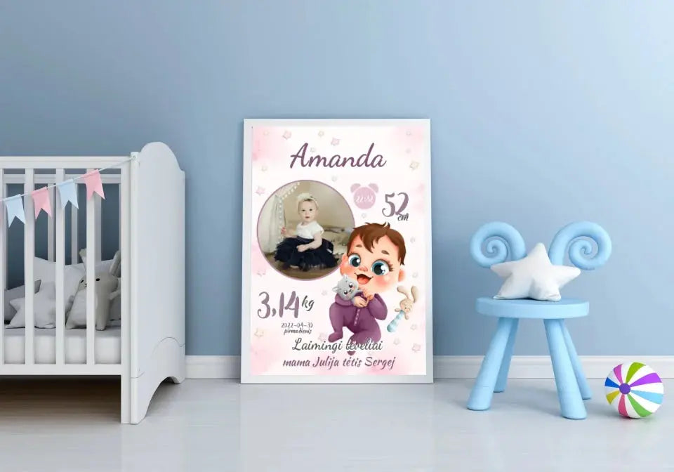 Personalizuota Mergaitės Gimimo Metrikų Iliustracija, plakatas su rėmeliu Customizer - dovanokis.lt