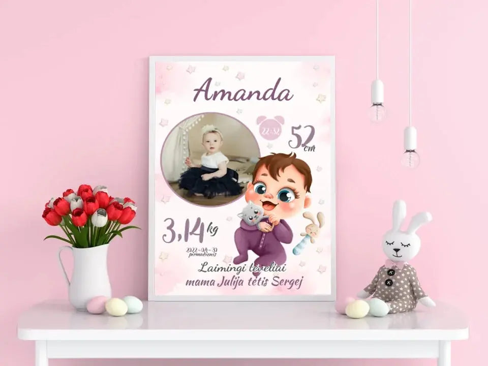 Personalizuota Mergaitės Gimimo Metrikų Iliustracija, plakatas su rėmeliu Customizer - dovanokis.lt