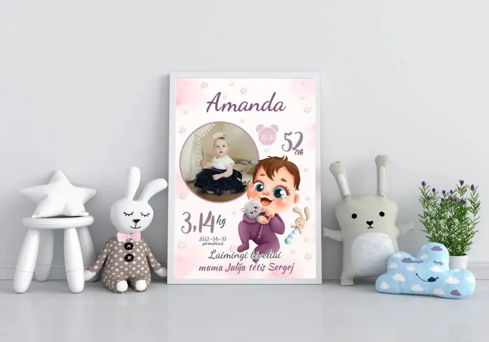 Personalizuota Mergaitės Gimimo Metrikų Iliustracija, plakatas su rėmeliu Customizer - dovanokis.lt