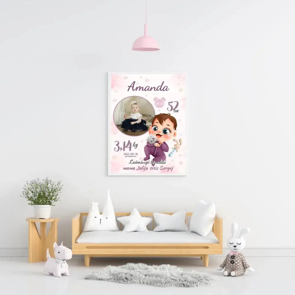 Personalizuota Mergaitės Gimimo Metrikų Iliustracija, plakatas su rėmeliu Customizer - dovanokis.lt