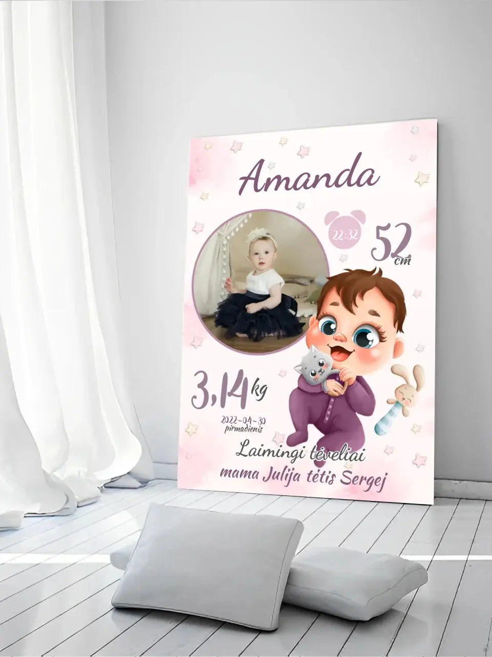 Personalizuota Mergaitės Gimimo Metrikų Iliustracija ant drobės Drobe - dovanokis.lt
