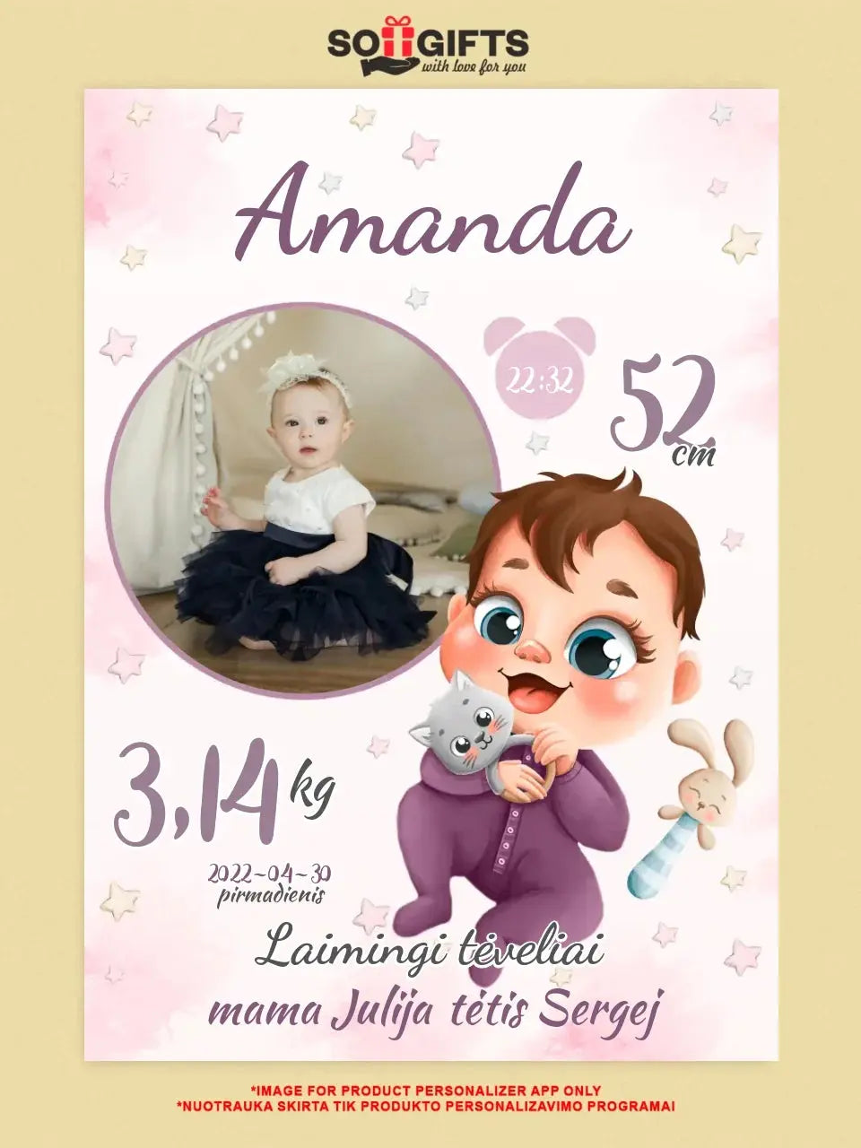 Personalizuota Mergaitės Gimimo Metrikų Iliustracija ant drobės Drobe - dovanokis.lt