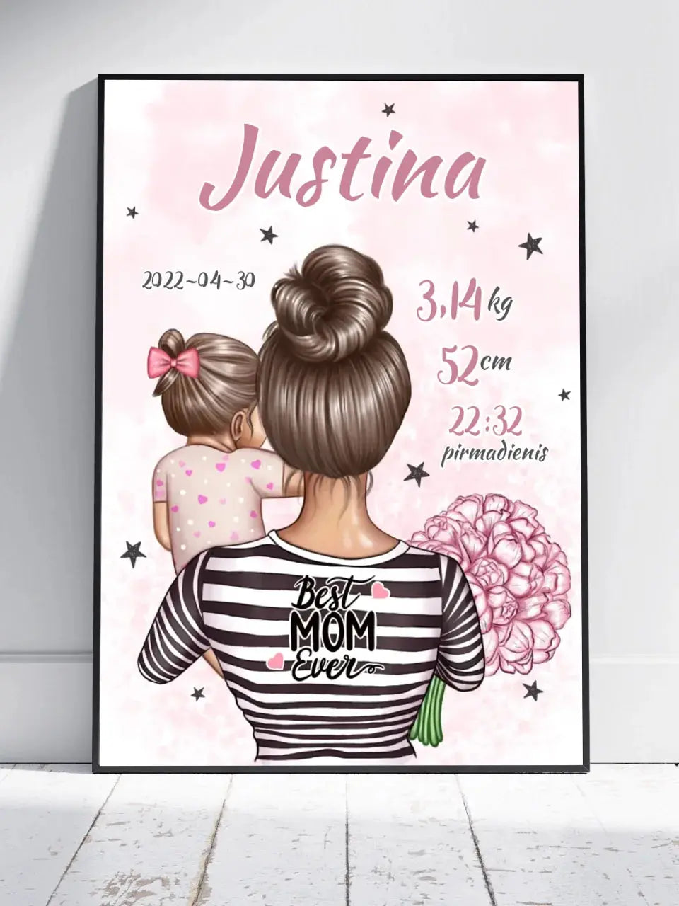 Personalizuota Mergaitės Gimimo Metrikų Iliustracija, plakatas su rėmeliu Customizer - dovanokis.lt