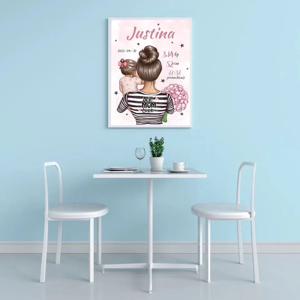 Personalizuota Mergaitės Gimimo Metrikų Iliustracija, plakatas su rėmeliu Customizer - dovanokis.lt