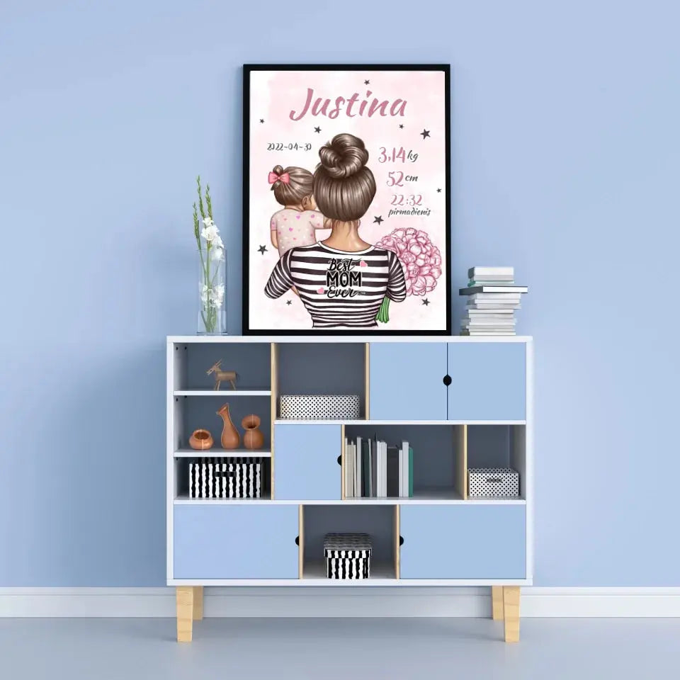 Personalizuota Mergaitės Gimimo Metrikų Iliustracija, plakatas su rėmeliu Customizer - dovanokis.lt