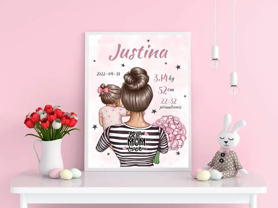 Personalizuota Mergaitės Gimimo Metrikų Iliustracija, plakatas su rėmeliu Customizer - dovanokis.lt
