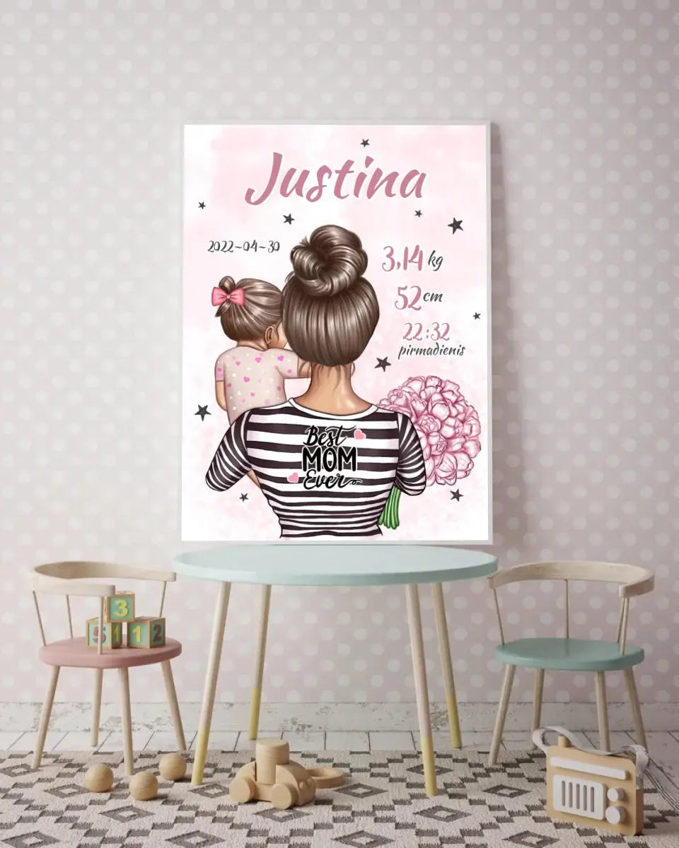 Personalizuota Mergaitės Gimimo Metrikų Iliustracija, plakatas su rėmeliu Customizer - dovanokis.lt