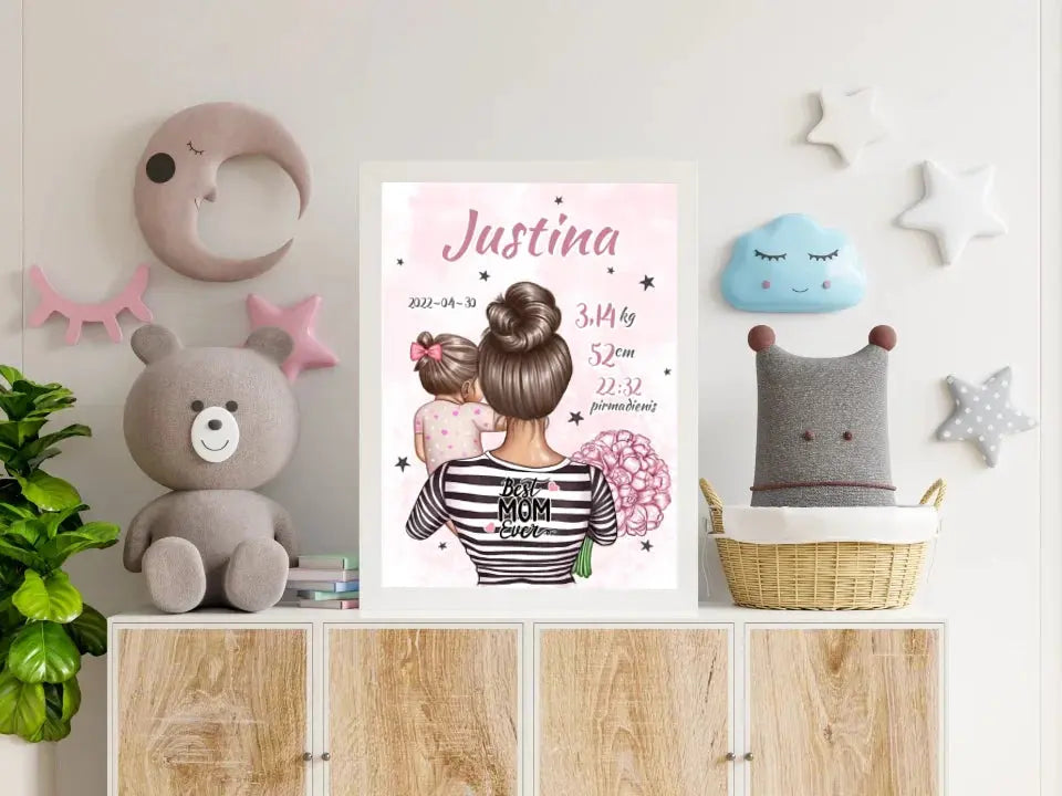 Personalizuota Mergaitės Gimimo Metrikų Iliustracija, plakatas su rėmeliu Customizer - dovanokis.lt