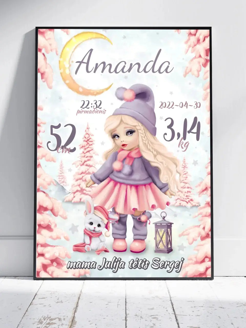 Personalizuota Mergaitės Gimimo Metrikų Iliustracija, plakatas su rėmeliu Customizer - dovanokis.lt