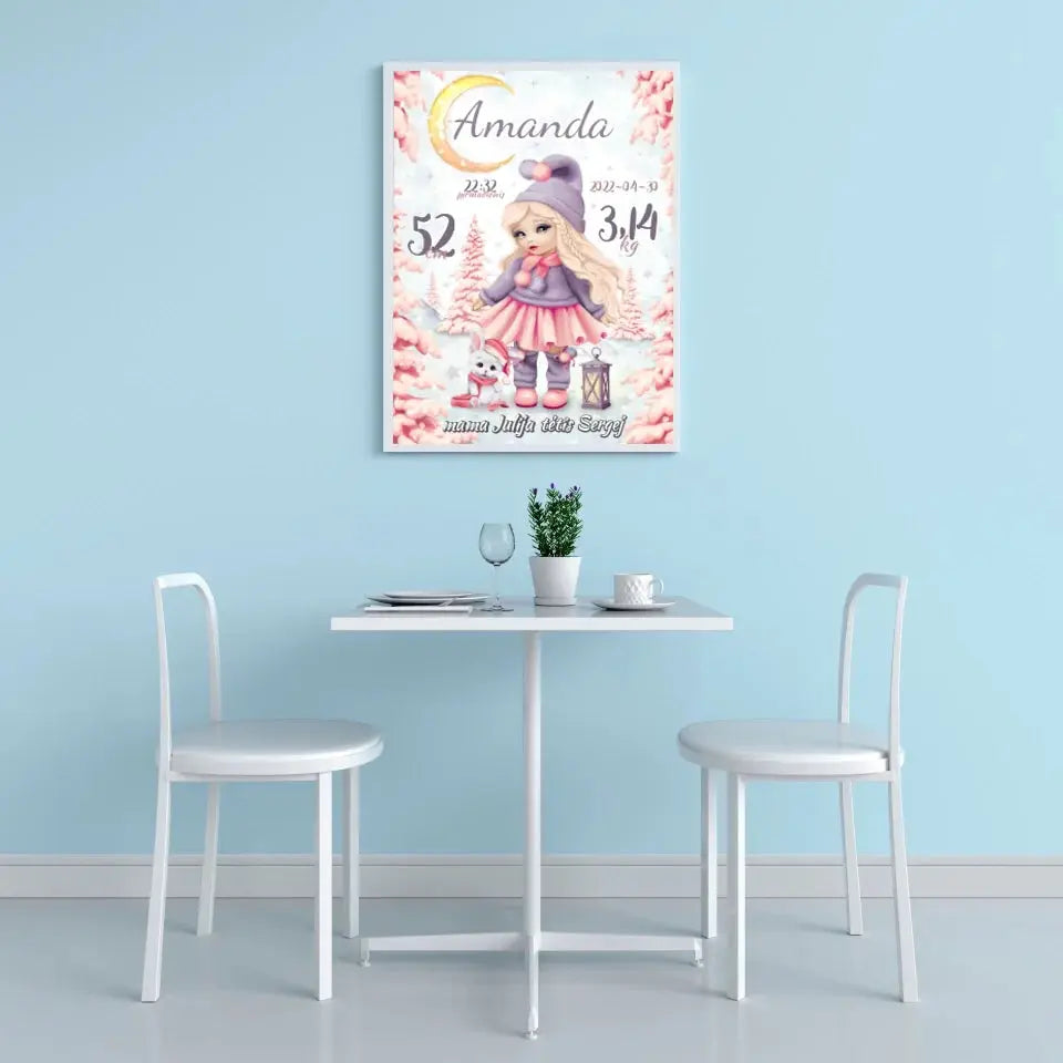 Personalizuota Mergaitės Gimimo Metrikų Iliustracija, plakatas su rėmeliu Customizer - dovanokis.lt