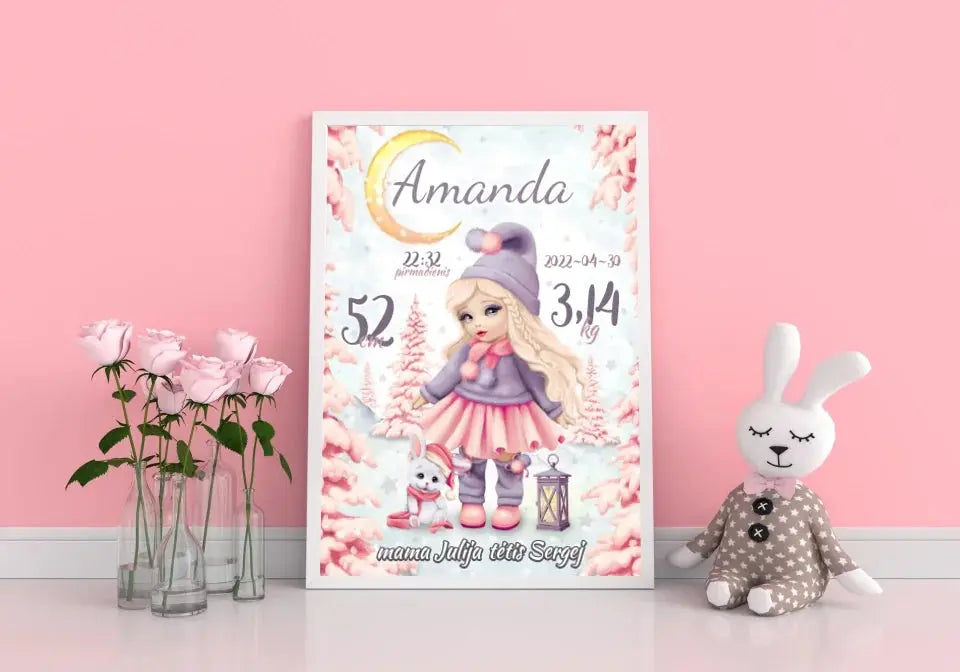Personalizuota Mergaitės Gimimo Metrikų Iliustracija, plakatas su rėmeliu Customizer - dovanokis.lt