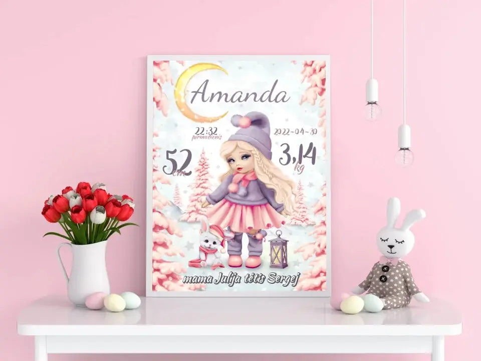 Personalizuota Mergaitės Gimimo Metrikų Iliustracija, plakatas su rėmeliu Customizer - dovanokis.lt
