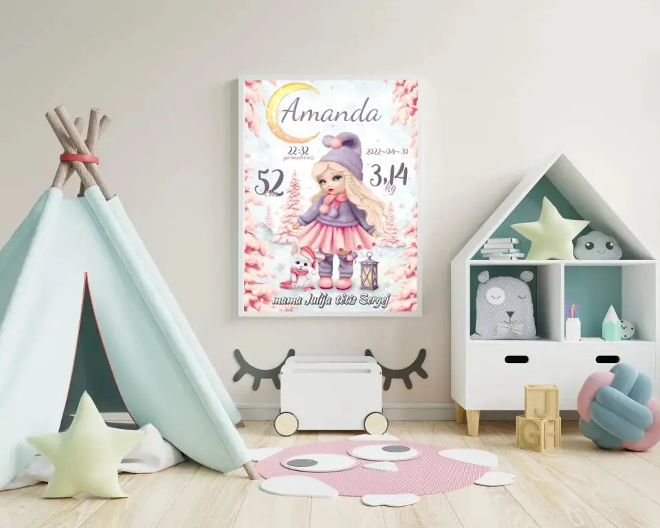 Personalizuota Mergaitės Gimimo Metrikų Iliustracija, plakatas su rėmeliu Customizer - dovanokis.lt