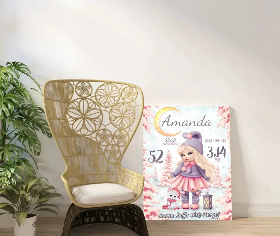 Personalizuota Mergaitės Gimimo Metrikų Iliustracija ant drobės Drobe - dovanokis.lt