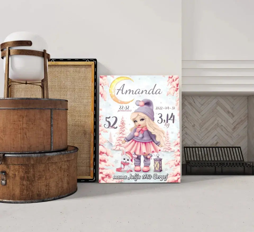 Personalizuota Mergaitės Gimimo Metrikų Iliustracija ant drobės Drobe - dovanokis.lt