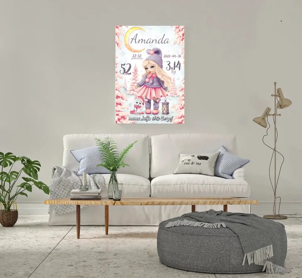 Personalizuota Mergaitės Gimimo Metrikų Iliustracija ant drobės Drobe - dovanokis.lt
