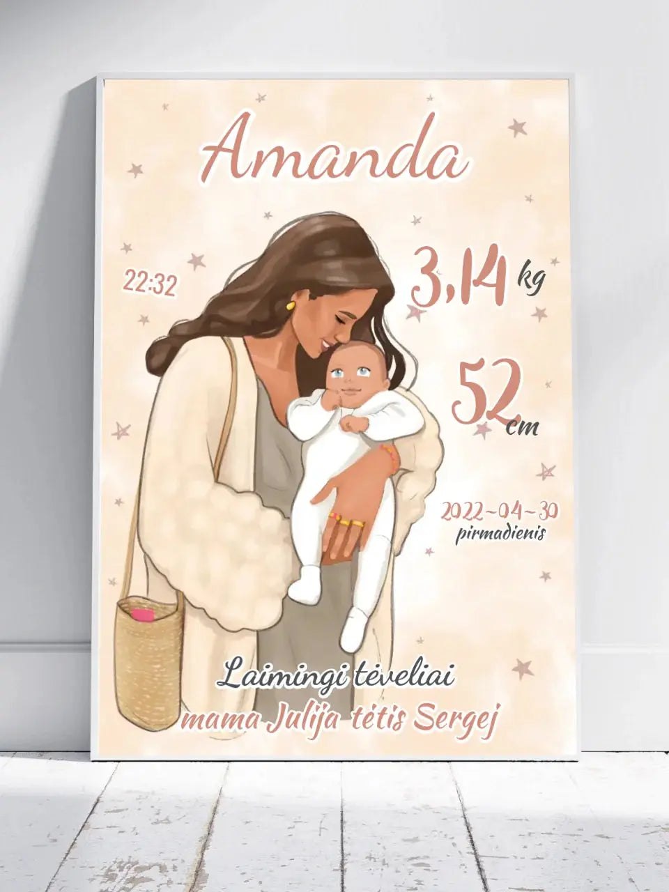 Personalizuota Mergaitės Gimimo Metrikų Iliustracija, plakatas su rėmeliu Customizer - dovanokis.lt