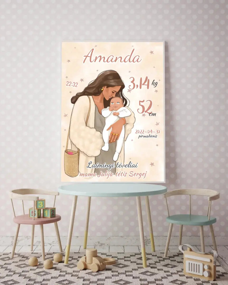 Personalizuota Mergaitės Gimimo Metrikų Iliustracija, plakatas su rėmeliu Customizer - dovanokis.lt