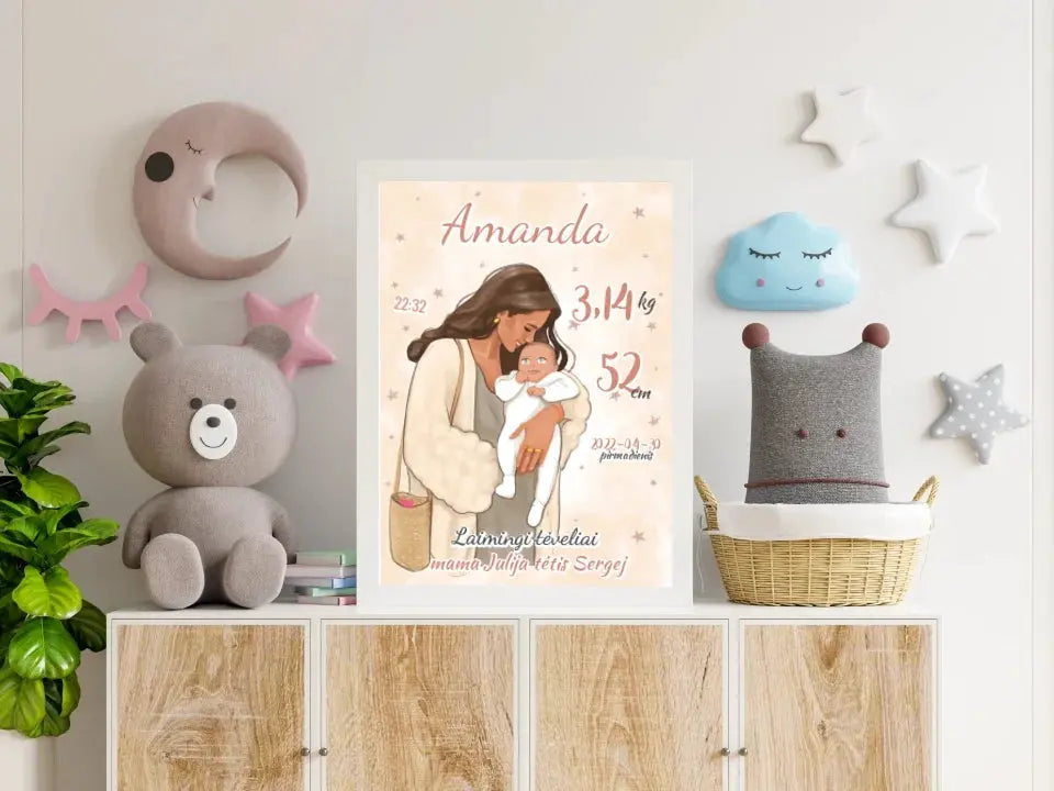 Personalizuota Mergaitės Gimimo Metrikų Iliustracija, plakatas su rėmeliu Customizer - dovanokis.lt