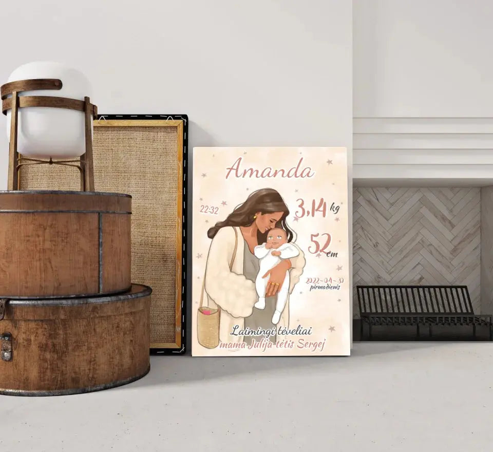 Personalizuota Mergaitės Gimimo Metrikų Iliustracija ant drobės Drobe - dovanokis.lt